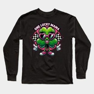 On Lucky Mama Funny Cute Shamrock Cool Sunglasses Racing Checkered Flag St Patrick's Day Irish St Paddy's Day Long Sleeve T-Shirt